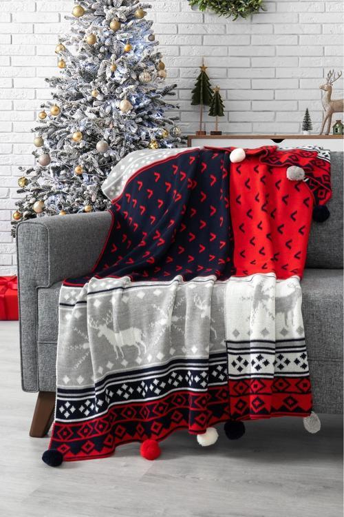 Geyikli Ponponlu Triko Örme Tv Battaniyesi–Yılbaşı Hediyesi-130x170 cm-Lacivert