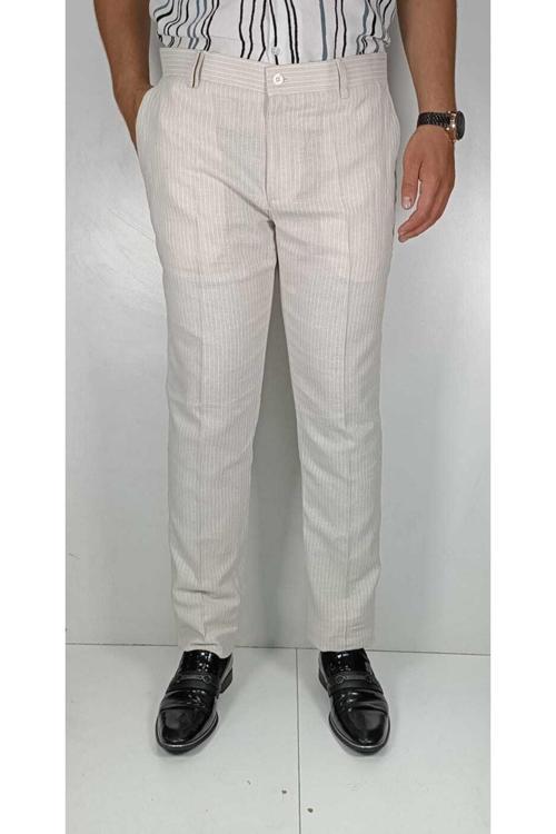 Erkek Cizgili Keten Pantolon Yazlık