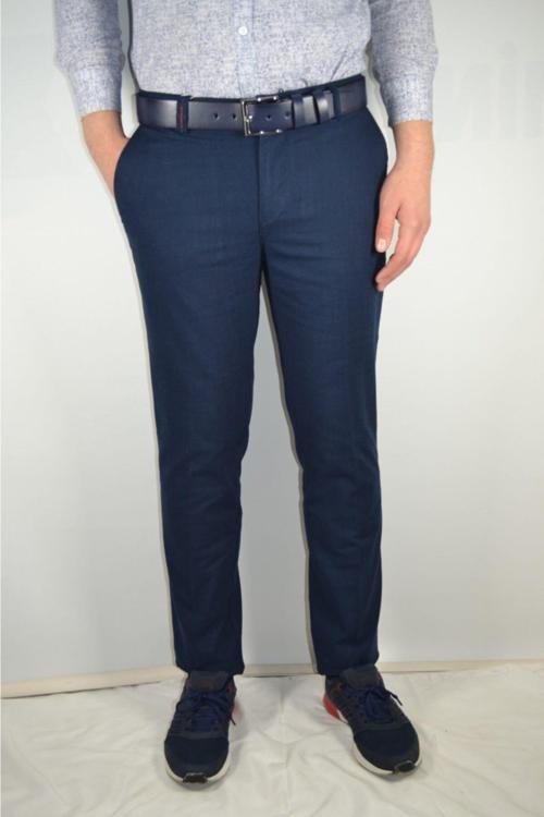 Erkek Lacivert Yan Cebi Garnili Keten Görünümlü Pamuk Pantolon