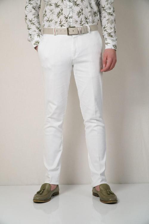 Beyaz Battal Erkek Esnek Yancep Ince Desenli Pantolon