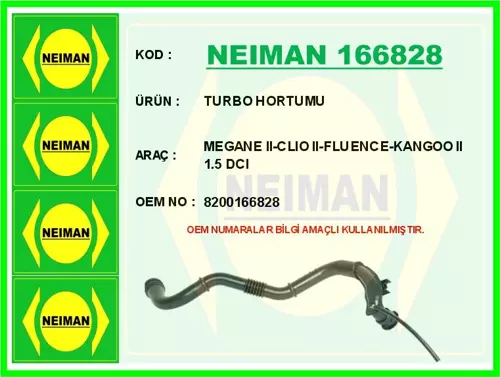 TURBO HORTUMU CLIO 2 1998-2005 MEGANE 2 2002-2008 1.5DCI K9K 8200166828