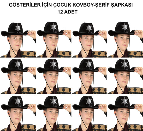 Kovboy Şerif Şapkası Siyah 12 Adet - Kostüm, Parti ve Gösteri Şapkası
