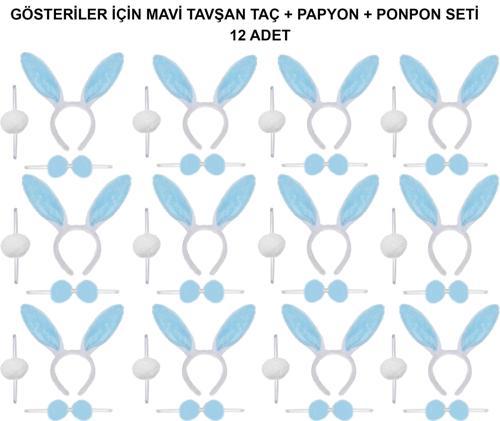 Mavi Tavşan Kostüm Seti – Taç, Papyon, Ponpon (12’li Paket)