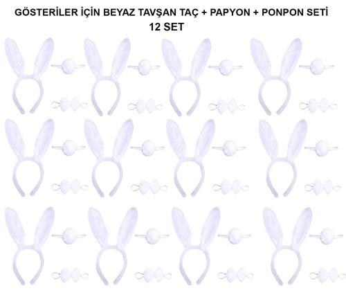 Beyaz Tavşan Kostüm Seti – Taç, Papyon, Kuyruk (12’li Paket)