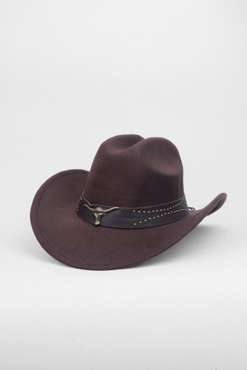 Kovboy Deri Detaylı Boğa Figürlü Fötr Şapka - Kahverengi