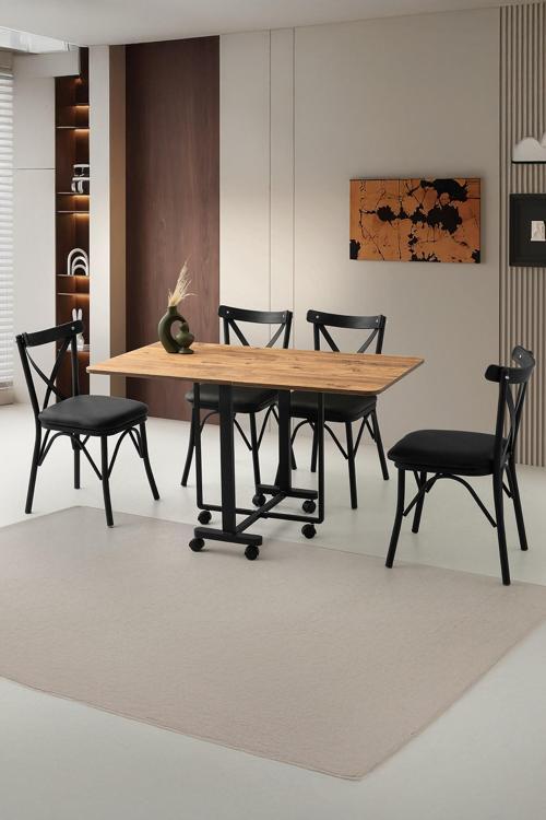 Katlanır Lizbon Metal Portatif Tekerlekli Masa  4 Adet Çapraz Sandalye Takım