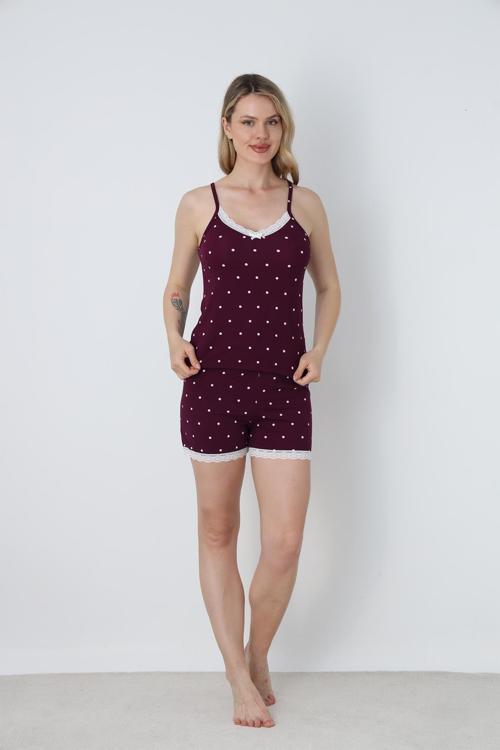 Kadın Dantel Detay Puantiye Desen İp Askılı Şort Takım | Mürdüm 50115-398