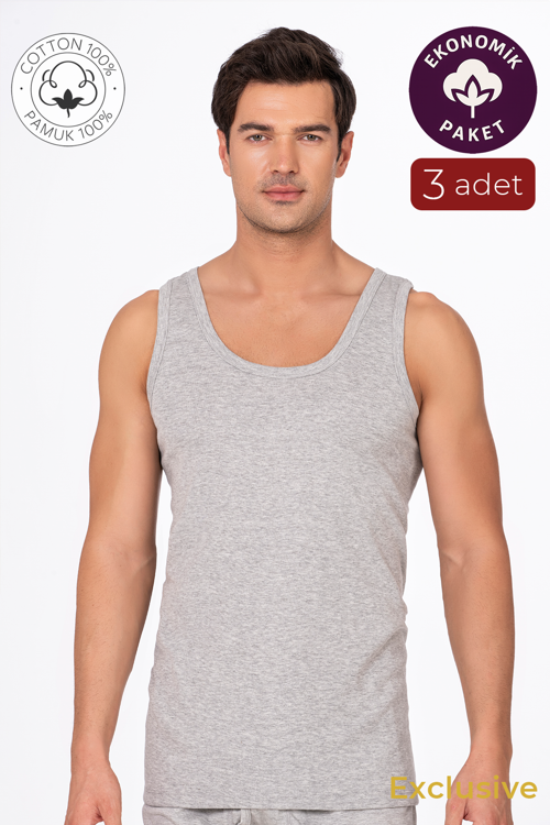 3'lü Paket Pamuklu Süprem Kalın Askılı Klasik Erkek Atlet | Gri K0050