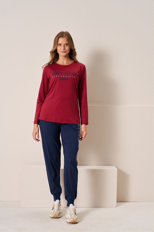 Kadın Penye Süprem Bisiklet Yaka Pijama Takım | Bordo 3198