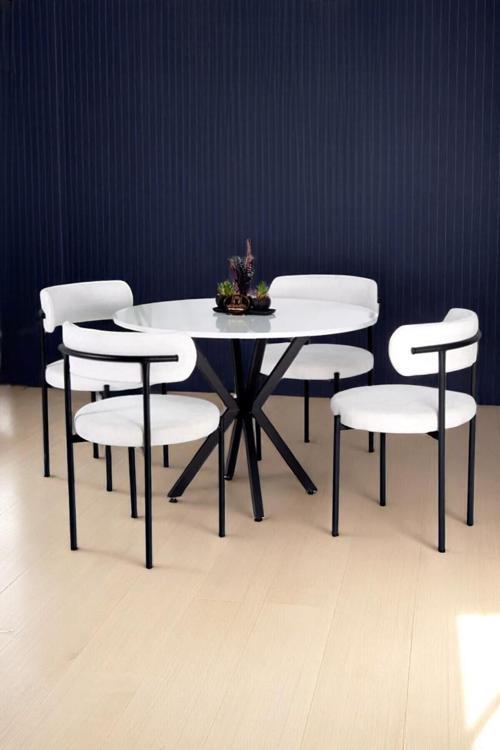 4 Sandalye 1 Adet 90 Cm Çap Masa Teddy Pufuduk Kumaş Salon Mutfak Balkon