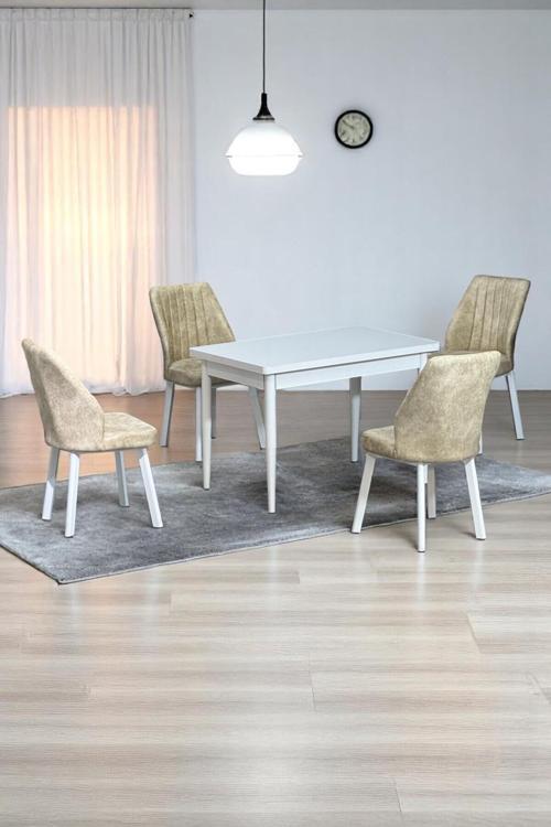 Arven Beyaz Mdf 70X110 Sabit Mutfak Masası Takımı Beyaz Metal Ayak 4 Krem Sandalye