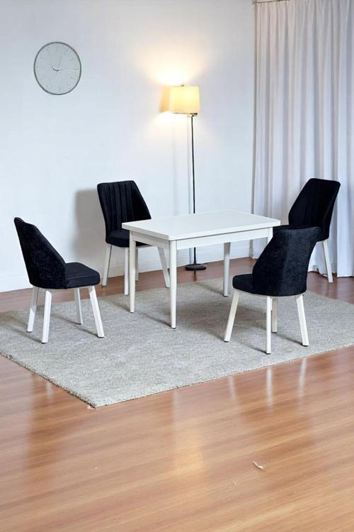 Florn Beyaz 80 X 132 Açılabilen Sunta Masa Metal Ayaklı Mutfak Masası Takımı 4 Siyah Sandalye