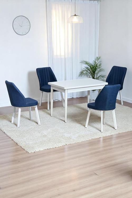 Arven Beyaz Mdf 70X110 Sabit Mutfak Masası Takımı Beyaz Metal Ayak 4 Lacivert Sandalye