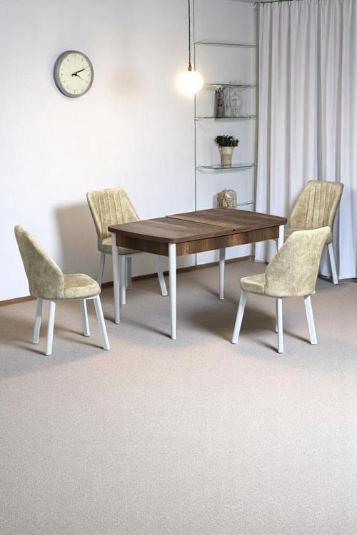 Florn Ceviz 80 X 132 Açılabilen Mdf Masa Metal Ayaklı Mutfak Masası Takımı 4 Krem Sandalye