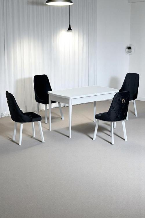 Monera Beyaz 80 X 132 Açılabilen Mdf Masa Metal Ayaklı Mutfak Masası Takımı 4 Siyah Sandalye