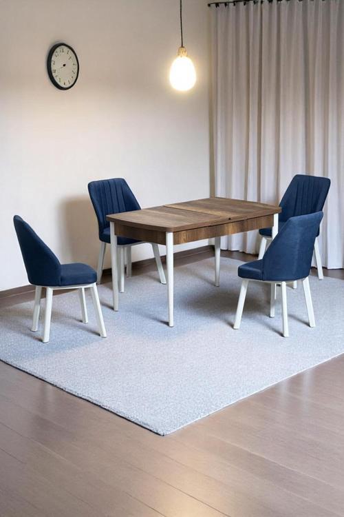 Florn Ceviz 80 X 132 Açılabilen Sunta Masa Metal Ayaklı Mutfak Masası Takımı 4 Lacivert Sandalye