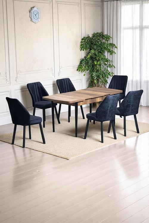 Luna Ceviz 80 X 132 Açılabilen Mdf Masa Siyah Metal Ayaklı Mutfak Masası 6 Siyah Sandalye