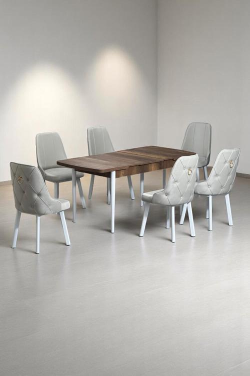 Minel Açılabilen Metal Ayak Mdf Mutfak Masası Takımı 6 Krem Sandalye 80 X 132