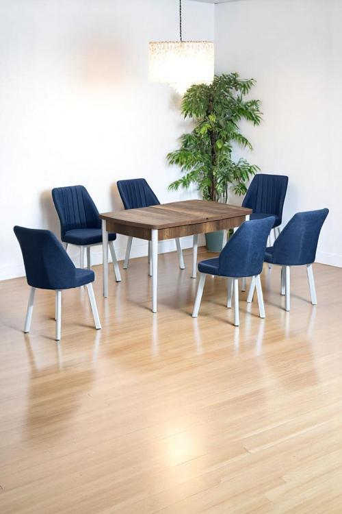 Sera Ceviz 80 X 132 Açılabilen Sunta Masa Beyaz Metal Ayaklı Mutfak Masası 6 Lacivert Sandalye