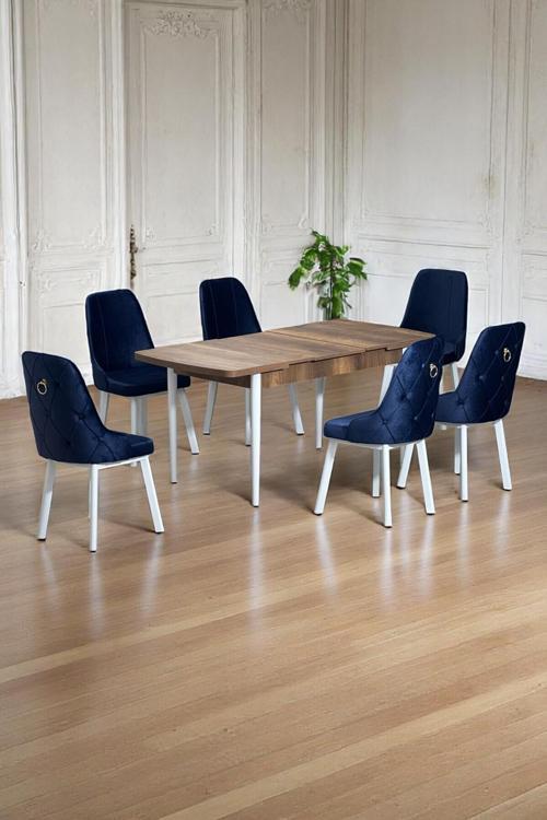 Minel Açılabilen Metal Ayak Mdf Mutfak Masası Takımı 6 Lacivert Sandalye 80 X 132