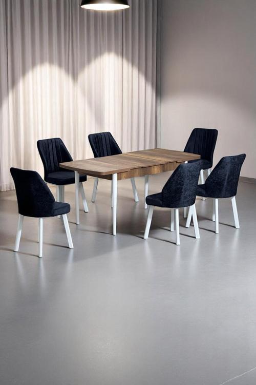 Sera Ceviz 80 X 132 Açılabilen Sunta Masa Beyaz Metal Ayaklı Mutfak Masası 6 Siyah Sandalye