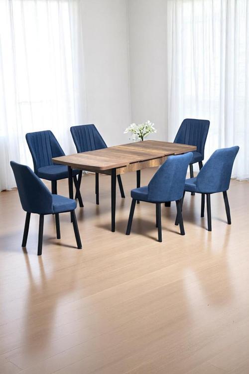 Luna Ceviz 80 X 132 Açılabilen Sunta Masa Siyah Metal Ayaklı Mutfak Masası 6 Lacivert Sandalye