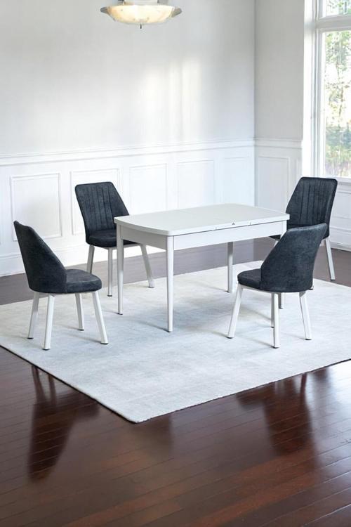 Florn Beyaz 80 X 132 Açılabilen Mdf Masa Metal Ayaklı Mutfak Masası Takımı 4 Füme Desen Sandalye