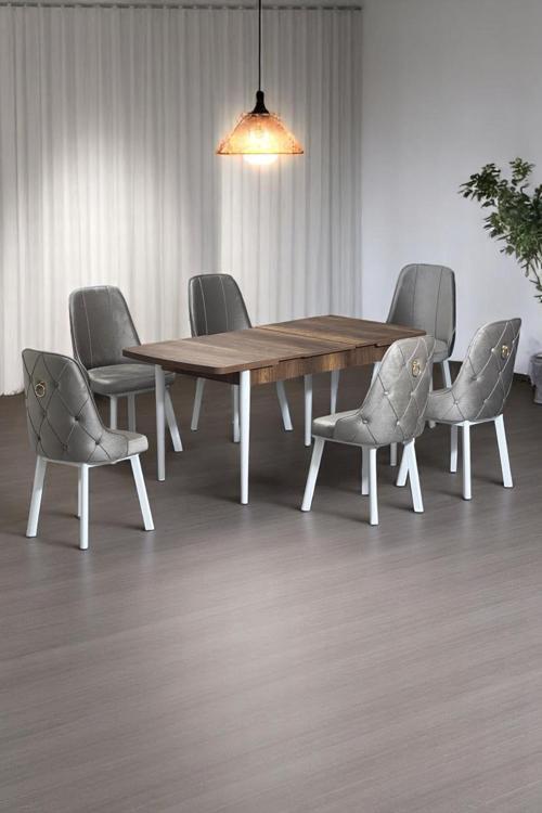 Minel Açılabilen Metal Ayak Sunta Mutfak Masası Takımı 6 Cappucino Sandalye 80 X 132