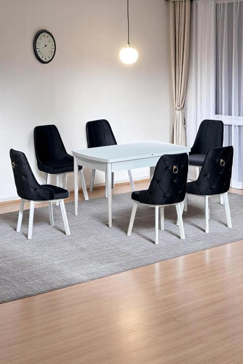 Sonata Beyaz 80 X 132 Açılabilen Mdf Masa Metal Ayaklı Mutfak Masası Takımı 6 Antrasit Sandalye