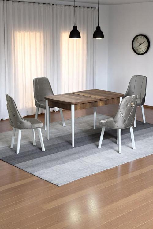 Monera Ceviz 80 X 132 Açılabilen Sunta Masa Metal Ayaklı Mutfak Masası Takımı 4 Cappucino Sandalye