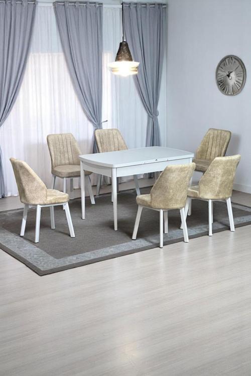 Sera Beyaz 80 X 132 Açılabilen Mdf Masa Beyaz Metal Ayaklı Mutfak Masası 6 Krem Desen Sandalye