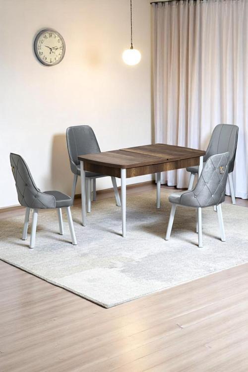 Monera Ceviz 80 X 132 Açılabilen Sunta Masa Metal Ayaklı Mutfak Masası Takımı 4 Gri Sandalye