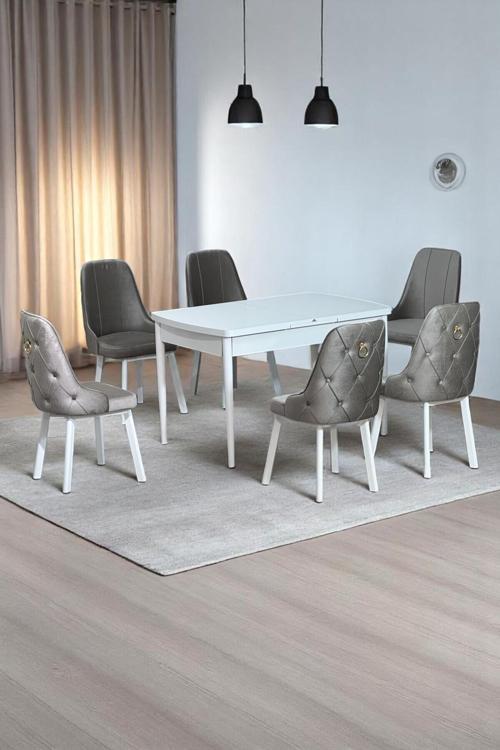 Sonata Beyaz 80 X 132 Açılabilen Mdf Masa Metal Ayaklı Mutfak Masası Takımı 6 Cappucino Sandalye