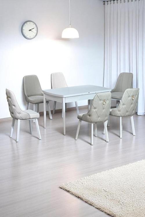 Sonata Beyaz 80 X 132 Açılabilen Mdf Masa Metal Ayaklı Mutfak Masası Takımı 6 Krem Sandalye