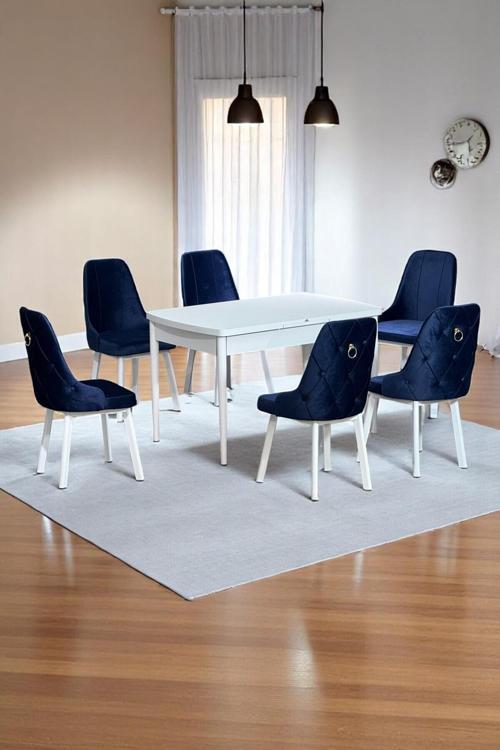 Sonata Beyaz 80 X 132 Açılabilen Mdf Masa Metal Ayaklı Mutfak Masası Takımı 6 Lacivert Sandalye