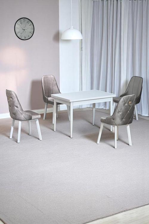 Still Beyaz Mdf 70X110 Sabit Mutfak Masası Takımı Beyaz Metal Ayak 4 Cappucino Sandalye