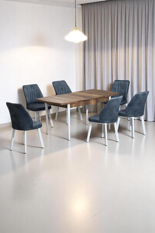 Sera Ceviz 80 X 132 Açılabilen Mdf Masa Beyaz Metal Ayaklı Mutfak Masası 6 Kot Füme Sandalye