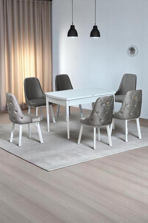 Sonata Beyaz 80 X 132 Açılabilen Sunta Masa Metal Ayaklı Mutfak Masası Takımı 6 Cappucino Sandalye