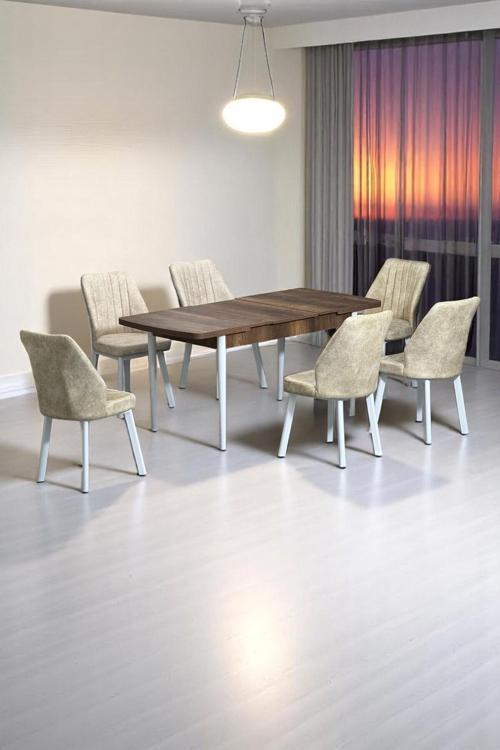 Sera Ceviz 80 X 132 Açılabilen Mdf Masa Beyaz Metal Ayaklı Mutfak Masası 6 Krem Sandalye