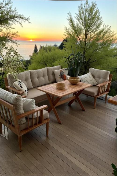 Preda Serisi Masif Fırınlanmış Gürgen Ahşap Bahçe Balkon Takımı 3+1+1+Masa