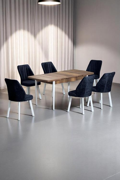 Sera Ceviz 80 X 132 Açılabilen Mdf Masa Beyaz Metal Ayaklı Mutfak Masası 6 Siyah Sandalye