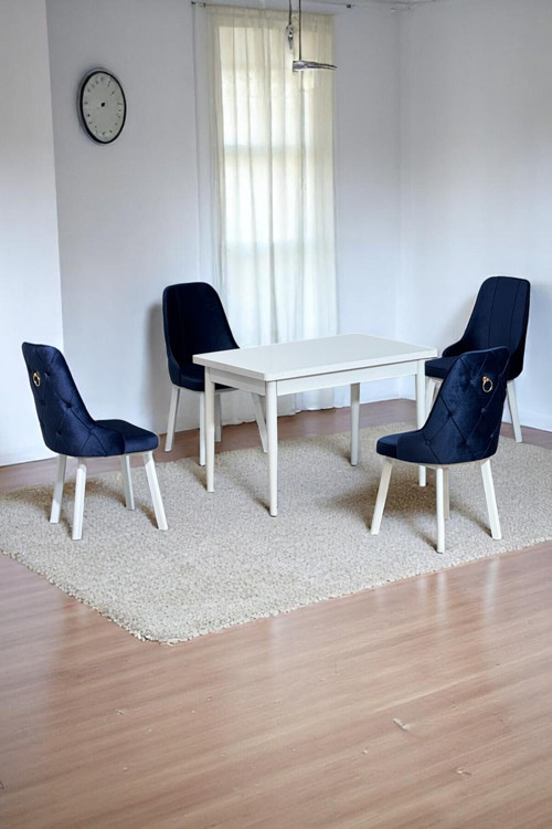Still Beyaz Sunta 70X110 Sabit Mutfak Masası Takımı Beyaz Metal Ayak 4 Lacivert Sandalye