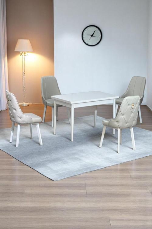 Monera Beyaz 80 X 132 Açılabilen Mdf Masa Metal Ayaklı Mutfak Masası Takımı 4 Krem Sandalye