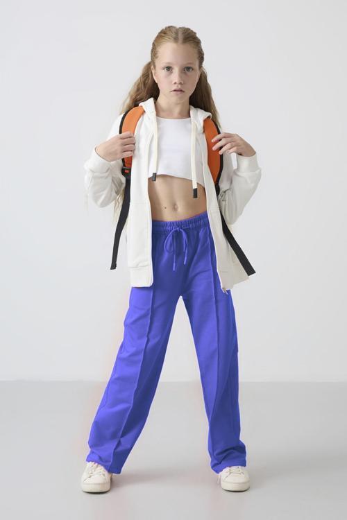 Eflatun Cepli Ön Dikiş Detaylı Geniş Paça Kız Çocuk Eşofman Altı -75144