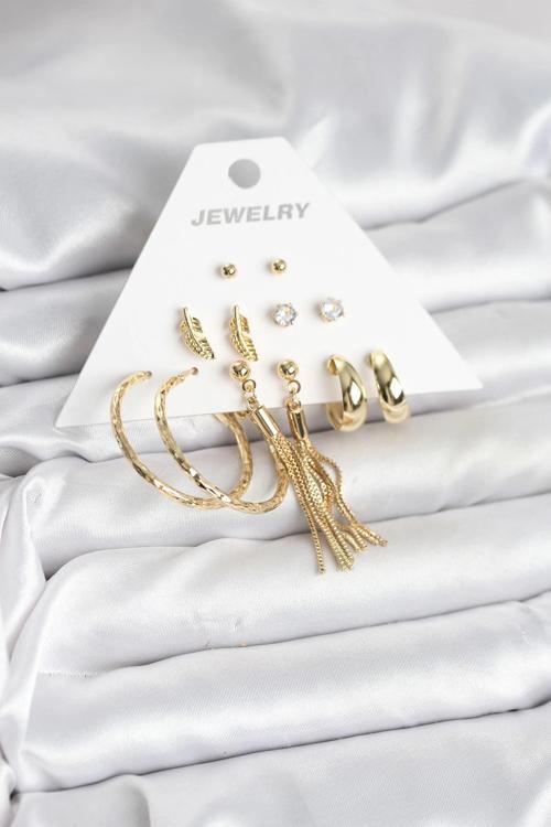 Gold Renk Pirinç Kadın 6 Çift Küpe Seti