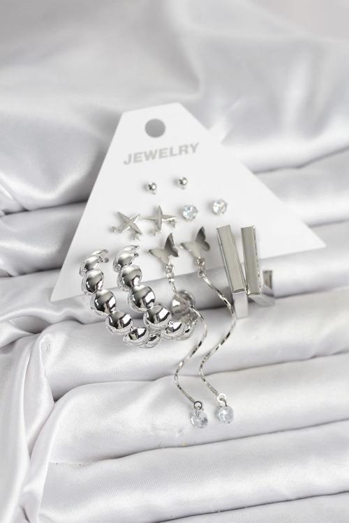 Gümüş Renk Pirinç 6'lı Kadın Küpe Seti