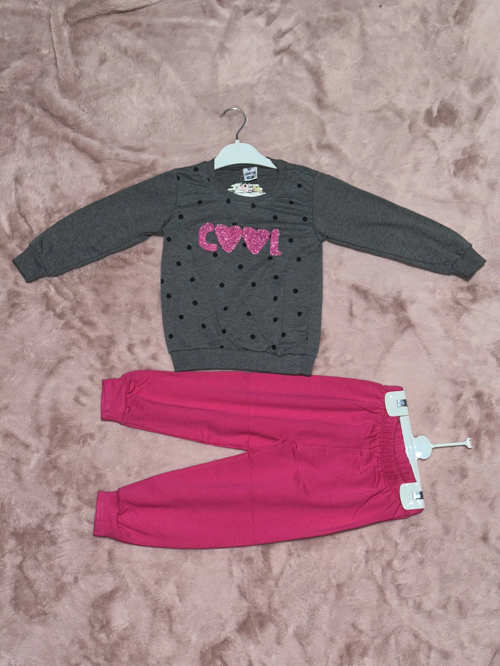 3-7 yaş pontiyeli ikili alt üst takım gri fuşya kız çocuk