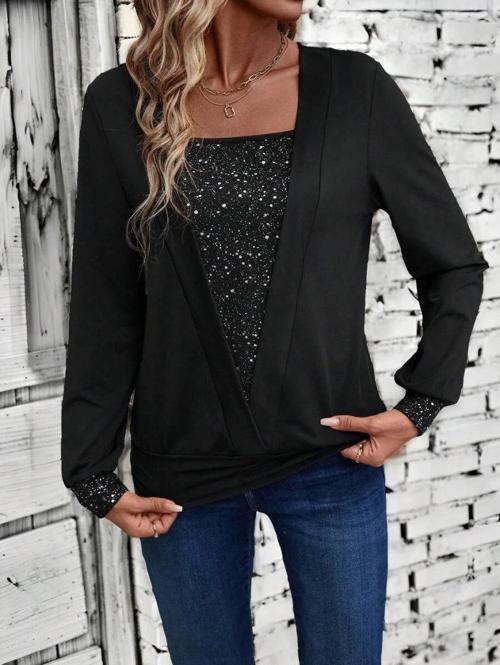 MDB Kadın Uzun Kollu V Yakalı Içi Süprem Desenli Dışı Viskon Bluz