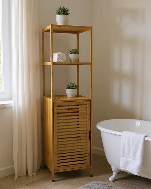 Bambu Banyo Dolabı 5 Raflı Kapaklı Banyo Düzenleme Dolabı Havlu Dolabı