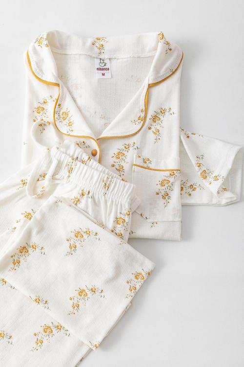 Uzun Kol Gömlek Yaka Kadın Pinterest Pijama Takımı - Mevsimlik Kadın Pijama- Geniş Beden Aralığı